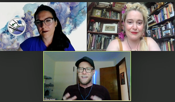 Death Is Only The Beginning with C.S.E. Cooney & T.J. Klune - A screenshot of the virtual panel Death Is Only The Beginning with C.S.E. Cooney & T.J. Klune hosted by Meg MacDonald at CYMERA 2022.