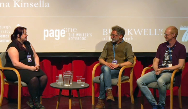 The Making of a Hero with C.F. Barrington and Josh Winning - Shona Kinsella (left) chairing "The Making of a Hero" panel at CYMERA 2022 with C.F. Barrington (centre) and Josh Winning (right).