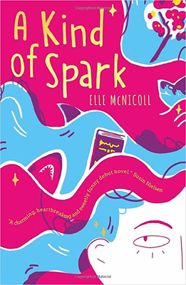 The Importance of Neurodiversity Representation in Fiction - A Kind of Spark by Ellie McNicoll - A book cover with a bright pink background. The top left quarter of a girl's head fills the bottom right hand corner of the cover, her hair spreading out across the cover in pink and blue waves. In between the waves are images of sharks, books and the title of the book in yellow font "A King of Spark" with the author's name in a smaller font below "Ellie McNicoll". In another wave of hair is a quote that reads "A charming, heartbreaking and sweetly funny debut novel." Susan Nielsen. 