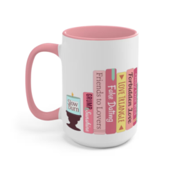 Romance Tropes Mug - A mug with a pink accent colour inside the mug and the handle, and white on the outside. There is a design on the mug featuring a candle and books with the names of romance tropes written on the candle and spines of the books.