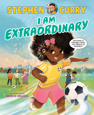 Disabled and Neurodivergent Books out in March 2024 - I Am Extraordinary by Stephen Curry (Author) Geneva Bowers (Illustrator) - An illustrated book cover featuring a soccer/football field. The field is green, with blue skies and a skyline of buildings and trees. A dark-skinned girl is up front in centre, playing with a soccer/football black and white ball. White lines swirl around her and the ball, signifying movement. She is wearing a soccer/football yellow top with a soccer ball/football emblem printed on the breast, pink shorts with two yellow stripes down the side and white and pink sports shoes. She has brown eyes, curly dark hair with a pink bow pinned in front, and she is wearing a pink and white hearing aid in her left ear. Bright lines and sparkles highlight the hearing aid, suggesting sound waves. She is smiling, and a white speech bubble coming from her mouth reads "Anything is possible when you believe in yourself!" in black text. Behind her to the left are a trio of three older girls standing watching her play. The first girl is dark skinned, has her long dark hair tied back in a side ponytail to the left. She is wearing a short-sleeved orange top with a white 07 on it, black pants and orange shoes. Her hands are resting on her hips. Next to her is an Asian girl with brown eyes and dark hair in two braids. She is wearing a white t-shirt knotted in the bottom left corner and camouflage pants. The third girl is white-skinned with short red hair and is wearing purple glasses, a purple short-sleeved t-shirt with a green border and green shorts with two orange stripes at the sides. She has red socks and orange shoes and is cheering at the girl playing. On the opposite side of the girl with the ball, there are two boys standing next to a netted goal. One is dark-skinned and is standing with his arms crossed, smiling as he watches the girl play. He is wearing a blue sleeveless sweater over a white short-sleeved top and blue shorts. A second boy is peeking out from behind him, with only part of his body visible. He is brown skinned and is wearing a white shirt and pale blue shorts. The author’s name, Stephen Curry, is printed in yellow at the top. There is a cartoon style portrait of the author, a man with short dark hair and a beard, in a circle in between his two names. Below the author's name, the title, 'I am Extraordinary', is printed in large green font with a white outline. Below the trio of girls on the left, small purple text reads 'illustrated by Geneva Bowlers'.