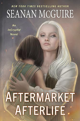 Disabled and Neurodivergent Books out in March 2024 - Aftermarket Afterlife by Seanan McGuire - An illustrated book cover with a blurred smokey grey background. In the centre is a pale woman with white hair, pale blue eyes and a serious expression. She is wearing a long white sleeved top, a brown waistcoat and brown skirt. She is holding a young child on her hip. The girl has her head in the woman's shoulder, and has dark brown hair cut in a bob. She is wearing a green and yellow striped dress. Glowing embers of fire are dotted around the smoke around them and in the background. At the top of the cover, a small yellow font reads 'New York Times Bestselling Author' with the author's name, Seanan McGuire, printed below it in a large white font. On the left below the title is the series name, 'An InCryptid Novel' in a small yellow font. The title, Aftermarket Afterlife, is printed in a large white font with a red outline at the bottom of the cover.