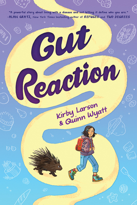 Disabled and Neurodivergent Books out in March 2024 - Gut Reaction by Kirby Larson and Quinn Wyatt - A book cover with a gradient background of lavender down to light blue. On the background are white outline illustrations of food items containing gluten, such as pies, cakes and cookies. There is a light yellow intestine design that doubles as a path down the centre of the cover. A young white woman walks down the path, looking backwards over her shoulder at the porcupine following her with a shocked look on her face. She has shoulder-length dark hair with two blue slides on the left side. She is wearing jeans, multicoloured hiking boots, and a purple hoodie with black patches sewed on the left sleeve and an orange backpack. Her hands are clutching at the straps of her backpack. At the top of the cover, printed in small dark blue text, is a quote from Alan Gratz, New York Times bestselling author of Refugee and Two Degrees; "A powerful story about living with a disease and not letting it define who you are". The title, Gut Reaction, is printed in a large dark purple font, each word in a coil of the path. Further down the curve in the path, printed in smaller purple text, are the authors' names, Kirby Larson & Quinn Wyatt.