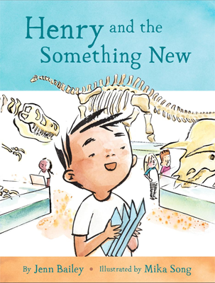 Disabled and Neurodivergent Books out in March 2024 - Henry and the Something New by Jenn Bailey and Mika Song (illustrator) - An illustrated book cover featuring an image of a young white-skinned boy standing in a museum. The boy has spiky, dark brown hair, and is wearing a plain white T-shirt and is carrying a folded map. He is smiling happily. Behind him in the museum are three dinosaur skeleton displays behind glass. On the left, a dark-skinned girl stands at an information point at the Tyrannosaurus rex display. Directly behind the boy, there is a Brontosaurus skeleton on display and on the right a young white skinned girl with long blonde hair and a white skinned boy with red hair stand looking at the skeleton of a Triceratops. The top section of the cover is covered by a blue background and the title, Henery and the Something New, is printed in a teal font. There is an orange strip at the bottom of the cover, and in printed in smaller teal text are the words 'By Jenn Bailey. Illustrated by Mika Song'.