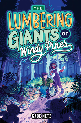 Disabled and Neurodivergent Books out in March 2024 - The Lumbering Giants of Windy Pines By Mo Netz - An illustrated book cover showing a spooky trail in the woods with the shadows of goblins falling on a dirt path in the foreground. On the path are two young people, a white-skinned girl sitting in a wheelchair and a dark-skinned girl standing next to him. The girl in the wheelchair has short dark hair, and is wearing blue jeans with a hole in the left knee, blue shoes and a camouflage jacket over a brown top. There is a pair of headphones around her neck and a small silver dragon perched on her left shoulder. Her left hand is holding the rim of her wheelchair, and she is looking out into the dark woods in fear. The girl standing behind her is wearing glasses, purple overalls over a white shirt, and there is a rainbow on the front of her overalls. Her blue shoes have purple laces and soles. Her shoulder-length black hair is styled in braids that are tied with blue hair bobbles. Her right hand is closed in a tight fist and held at chest height, while her other arm holds a cell phone out towards the woods, using it as a flashlight. Like her companion, she also has a scared look on her face. The title, The Lumbering Giants of Windy Pines, is printed in the top of the cover and uses different colours and fonts. 'The' is in a small white with a dark green background. 'Lumbering' is in orange in a large cartoon style font with yellow outline. 'Giants' is printed in pale green in a large bubble font with a black outline. 'Of' is printed in a small white font and encircled in a navy blue circle. 'Windy Pines' is printed in white with a black outline in a script, with the last letters ('y' and 's') having a long winding tail. The whole title is then highlighted by a teal outline and navy shadow effect.
