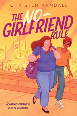 Disabled and Neurodivergent Books out in March 2024 - The No-Girlfriend Rule by Christen Randall - An illustrated book cover with a light orange and yellow background, showing two figures walking and smiling at each other in front of a comic book store window. The figure in the foreground is a plus-sized white woman with long red hair, a short-sleeved blue top, and blue pants. She carries a purple bag with several pins on it over her shoulder, and wears black flats on her feet. A slender brown skinned woman walks by her side. She has short brown hair that is dyed bright orange on top and is wearing an orange t-shirt and blue jeans with tennis shoes in white, light blue, and pink, similar to the transgender flag. The author's name, Christen Randall, is printed at the top in dark purple font. The title, The No-Girlfriend Rule is in large purple font, except for the word 'No', which is slightly larger and superimposed, in a paintbrush font. At the bottom right, the tag line is printed in small purple font; “Sometimes romance is right in character.”