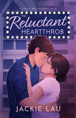 Disabled and Neurodivergent Books out in March 2024 - The Reluctant Heartthrob (Chu's Restaurant #2) by Jackie Lau - A book cover featuring artwork of a young East Asian man and East Asian woman about to kiss, with the man’s arms around the woman’s back and hers pressed against his chest and shoulder. The woman has brown hair pulled back into a bun, wears glasses and a white t-shirt. The man has curly hair and wears a blue collared shirt. Their eyes are both closed. Printed in small words at the top is 'a CHU’S RESTAURANT BOOK' and beneath it surrounded by white dots like a movie marquee is the title, The Reluctant Heartthrob, in lavender font. The word 'Reluctant' is styled in a cursive font. The author’s name, Jackie Lau, is at the bottom in light peach.