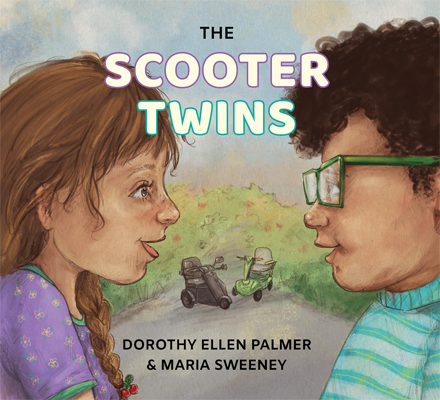 Disabled and Neurodivergent Books out in March 2024 - The Scooter Twins by Dorothy Ellen Palmer and Maria Sweeney (illustrator) - An illustrated book cover of a white-skinned boy and a white-skinned girl facing each other, shown from the chest up, with two motorized mobility scooters on the road behind them, one black, one green. The boy on the right has curly dark hair and green glasses and wears a striped turquoise and white t-shirt. The girl on the left has sandy brown hair styled in a braid that hangs down on the left side. It is tied at the end with a red apple hair tie. She wears a light purple dress with little flowers and a green border on the neckline and sleeves. The title, The Scooter Twins, is near the top, in a rounded, child-friendly font in white letters, with Scooter outlined in the purple of the girl’s dress and Twins in the turquoise of the boy’s shirt.