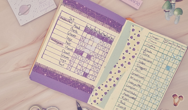 March 2024 Wrap-Up - Gear set spreads in my Final Fantasy XIV bullet journal - A bullet journal is laid open on a pale pink marble background. The journal shows two pages. On the left page different shades of purple paper borders the top and bottom of the page, surrounding a handwritten spread of Final Fantasy gear. Opposite on the right is a page decorated with blue and flower patterned paper along the left side, next to a handwritten list of weapons from Final Fantasy XIV. Around the journal are various stationery items. To the left, a small square post-it note pad with celestial and planetary designs and a printed message 'there is magic everywhere'. Above the journal, a small purple rectangular post-it note pad has a handwritten message that reads '#jgbbujo' in dark blue in. To the right of this are two washi tapes, a dark one with a smaller white one leaning against it. On the right side of the journal, there are three stickers; a red leaf, a two-headed brown mushroom, and a pine cone. Below the journal, there is a trio of washi tapes piled together and a teal and white fountain pen unlidded. The lid is sitting next to it.