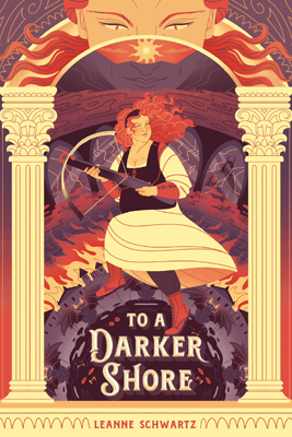 Disabled and Neurodivergent Books out in April 2024 - To a Darker Shore by Leanne Schwartz - A book cover depicting a scene framed inside Grecian style pillars and archway. A face of a red haired woman is partially visible in the archway, showing red eyes, eyebrows, the bridge of her nose and part of her forehead and cheeks. Her hair is spread out in waves on each side. The scene inside the pillars shows a plus sized woman with curly red hair flowing in the wind, a black head band holding it back from her face. She is wearing a cream dress with a black bodice, red bracers, black leggings and red boots. She is standing in a rocky and fiery landscape, and hand a crossbow in her hands. The round rock beneath her feet has winged demons in the outer circle, and in the black inner circle the title, To a Darker Shore, is printed in white and is surrounded by red eyed demons. The author’s name, Leanne Schwartz, is printed in small orange font at the bottom of the cover in the Grecian stone.