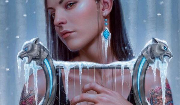 Book Review: Winter Lost by Patricia Briggs - A cropped section of a book cover showing the head and shoulders of a Native American woman. The image is cropped across her forehead and just below her shoulders, showing her collar bones and the ring finger and little finger of her right hand, which is tangled in the strings of an ornate lyre. She has long, straight dark hair and brown eyes. Her head is in profile, turned to the left. She is looking forward, and wearing a black sleeveless top with straps. The lyre is silver inlaid with turquoise and has a wolf's head on the end of each arm. A matching earring made of two round turquoise beads and a large diamond shaped piece of turquoise. Both the earring and the lyre are covered in ice, with icicles hanging from them, and snow falls around her, settling in her hair and clothes.
