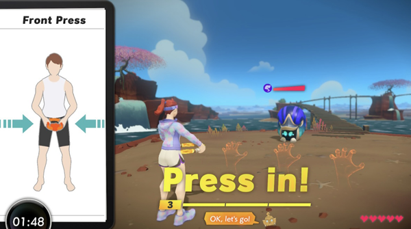 Ring Fit (Mis)adventure: Cerebral Palsy, Gaming and Exercise - A screenshot from Ring Fit Adventure on the Nintendo Switch showing a female avatar fighting an enemy by the player doing front presses. On the left side, there is an information panel with a figure demonstrating how to do a front press.