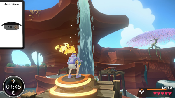 Ring Fit (Mis)adventure: Cerebral Palsy, Gaming and Exercise - A screenshot from Ring Fit Adventure on the Nintendo Switch showing a female avatar doing exercises. On the left side, there is an information panel showing assist mode, highlighting buttons.