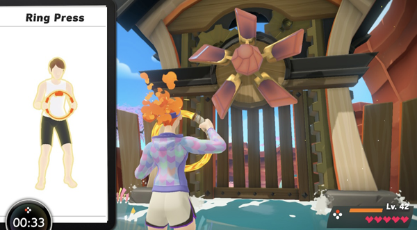 Ring Fit (Mis)adventure: Cerebral Palsy, Gaming and Exercise - A screenshot from Ring Fit Adventure on the Nintendo Switch showing a female avatar fighting an enemy. On the left side, there is an information panel showing assist mode, highlighting buttons.