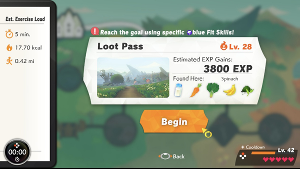 Ring Fit (Mis)adventure: Cerebral Palsy, Gaming and Exercise - A screenshot from Ring Fit Adventure on the Nintendo Switch showing an information panel for "Loot Pass". It reads: "! Read the goal by using specific blue fit skills! Lvl 28. Estimated EXP gains: 3800 EXP." On the left side a sidebar panel titled Est. Exercise Load reads "5. min 17.70 kcal 0.42 mi".