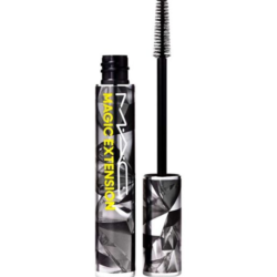 My Thee Favourite Mascaras: MAC Magic Extension Mascara. An open tube of mascara with a black and white marble design stands upright, the text on it reads "M.A.C. Magic Extension". Next to it on the right the top sits vertically with the mascara wand pointing upwards.